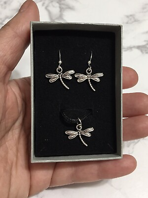 #ad Silver Dragonfly Necklace Earrings Set New In Gift Box $15.97