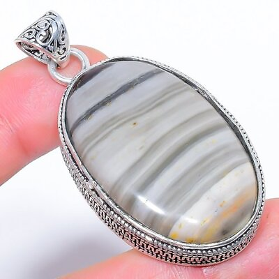 #ad Natural Banded Silver Leaf Jasper 925 Sterling Silver Plated Pendant 2.2quot; M1589 $14.40