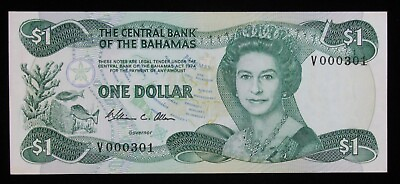 #ad 1974 Bahamas $1 Dollar QE II 3 Digit Serial # P 43a Crisp AU #367 $12.50