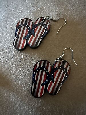#ad Stylish Double Wooden Flip Flops Patriotic Dangle Earrings $10.00