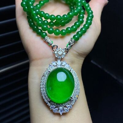 #ad New Natural Green jade Perfect Ice Jadeite Carved AA Pendantamp;Necklace Certified $54.99