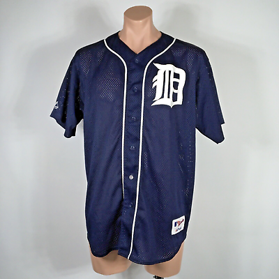 #ad MLB Detroit Tigers Baseball Authentic Blue Jersey Majestic Shirt XL Mesh Button $125.00