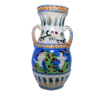 #ad Majolica Vase 7quot; Two Handled Blue Green Cherubs Flowers Art Nouveau Japan Vtg $22.94