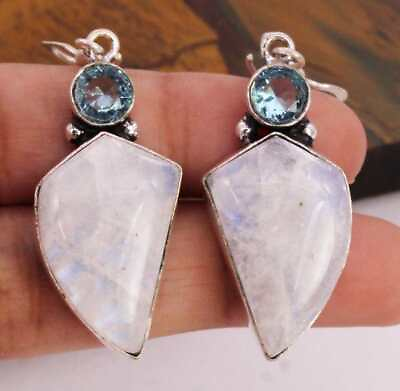#ad Rainbow Moonstone Blue Topaz 925 Silver Plated Handmade Earrings of 1.8quot; $3.59