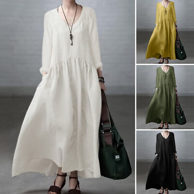#ad Fashion Women Long Sleeve V Neck Casual Party Loose Swing Maxi Long Dress Plus $26.67