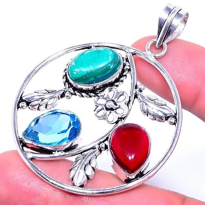 #ad Multi Gemstone Gemstone Pendant Handcrafted Silver Plated Ethnic Jewelry 2.25quot; $13.95