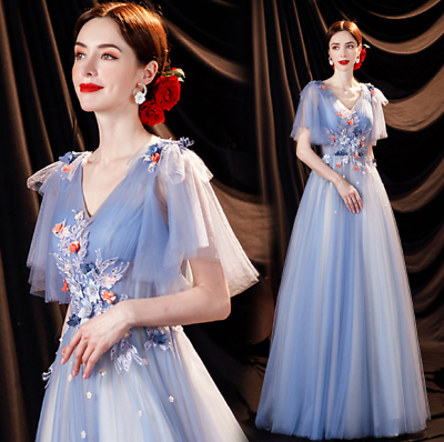 #ad Elegant Blue V Neck Flowers Tulle Evening Dresses Banquet Bridesmaid Gown $116.89