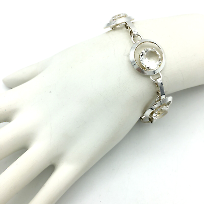#ad MODERNIST vintage rock crystal bracelet 835 silver amp; quartz circle European 8quot; $75.00