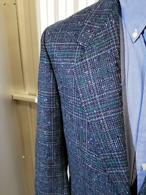 #ad 38S Vintage made in FRANCE Plaid Fleck Wool Tweed Sport Coat Jacket Blue Green $269.95