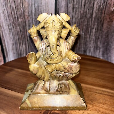 #ad Hand Carved Soap Stone Ganesh Hindu God Deity On Throne Figurine Statue $69.99