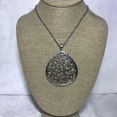 #ad Beautiful Long Silver Tone Filigree Design Necklace $14.99
