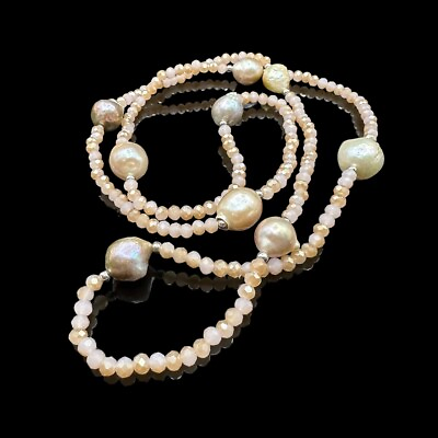 #ad 10 12MM Cultured Freshwater Pearl Pink Crystal Rhodium over 925 32quot; Necklace JTV $49.95