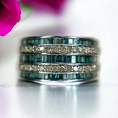 #ad 10k White Gold Designer Fancy Blue Color Round Baguette Cut Diamond Ring $499.00