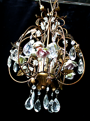 #ad Vintage French porcelain flowers glass crystal drops floral chandelier lamp $646.75