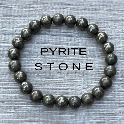 #ad Natural 8mm Pyrite Stone Bracelet Black Gemstone Stretch Bracelet Handmade $10.90
