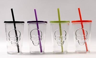#ad Halloween Skull Glass Tumblers Set of 4 Assorted Lids and Straws NEW Day of Dead $24.99