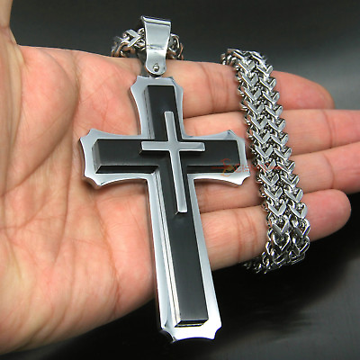 #ad Huge Solid Silver Black Stainless Steel Cross Necklace Pendant Franco Rolo Chain $27.49