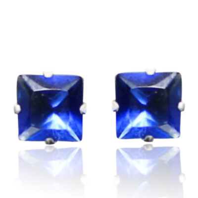 #ad 5 Mm REAL SOLID 925 STERLING SILVER Sapphire Blue CZ Square Ladies Mens Earrings $88.52