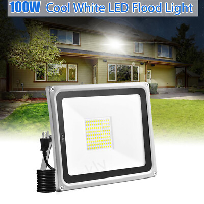 #ad Plug in 100W LED Flood Light Outdoor Yard Spotlight Security Lamp Cool White $13.99