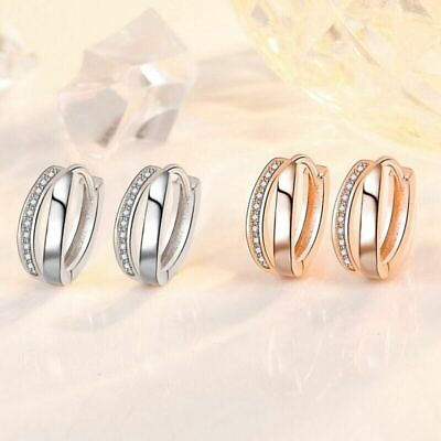 #ad Crystal Layer Earrings Silver Fashion Huggie Hoop Jewellery Double Women $6.59