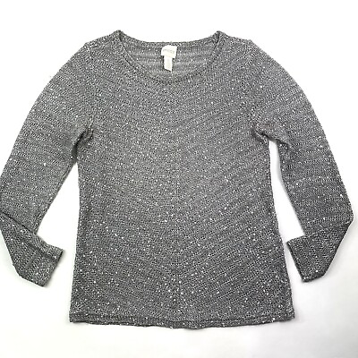 #ad Chico’s Metallic Long Sleeve Silver Knit Sequin Fashion Top Blouse Shiny Size 0 $18.69