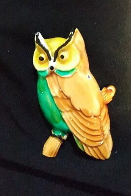 #ad Vintage Owl Perched On Branch Brooch Enamel Metal 1.75quot; Unique $9.69