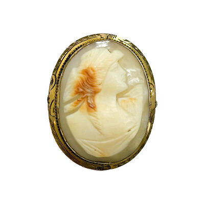 #ad Hand Carved Gold Metal Shell Cameo Pin Brooch $176.00