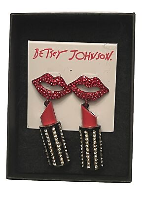 #ad Betsey Johnson Earrings Lipstick Red Lips Crystal Authentic NWT $25.00