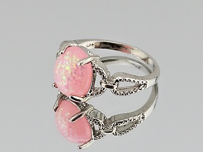 #ad ESTATE Ornate Design FAUX PINK OPAL Silver Plated COCKTAIL Style RING Size 8 $20.00