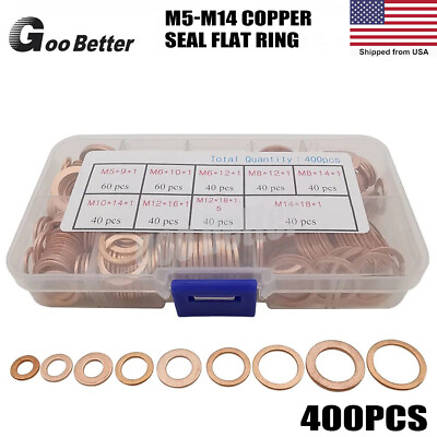 #ad 400PCS Washer Solid Copper Crush Gasket Set Flat O Ring Seal Assortment Kits US $15.10
