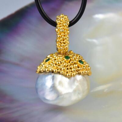#ad Gigantic South Sea Pearl Pendant Gold Vermeil Sterling Diamond amp; Emerald 15.42g $429.00
