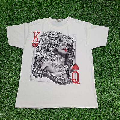 #ad Vintage Skull King and Queen of Hearts Card Shirt L Short 21x27 Graffiti Art 90s $28.77