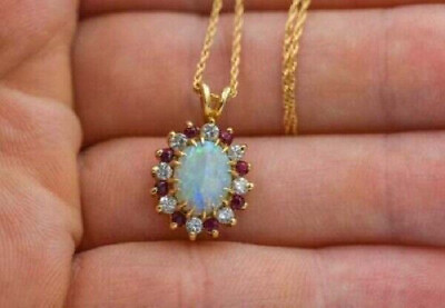 #ad 2.00Ct Opal Ruby Diamond Pendant With 18quot; Chain Necklace 14K Yellow Gold Finish $54.00
