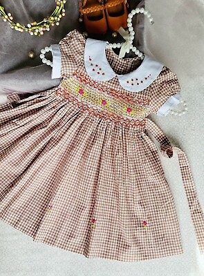 #ad Oat Gingham Hand Smocked Embroidered Baby Girl Dress. Toddler Girls Picnic Dress $38.99
