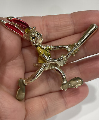 #ad vintage silver tone amp; enamel Bugs bunny with baseball bat amp; cap rare brooch pin $54.95