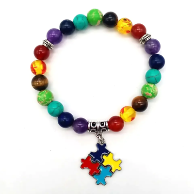 #ad Autism Awareness 7 Beads Elastic Bracelet Natural Stone Rainbow Jewelry Bracelet $9.99