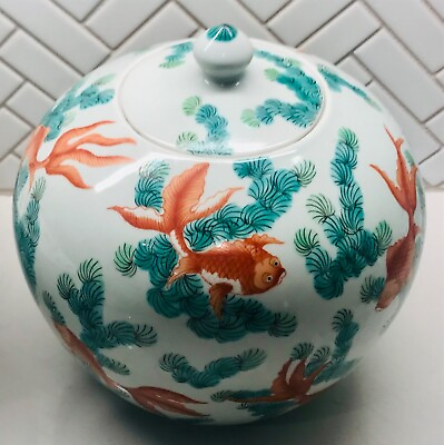 #ad Antique Chinese Fish Porcelain Table Vase Hand Painted Oriental Goldfish Jar $149.99