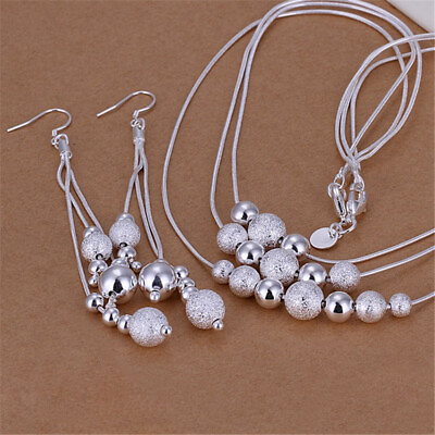 #ad 925 silver women lady Charm beads chain Pretty wedding Earring necklace jewelry $3.88