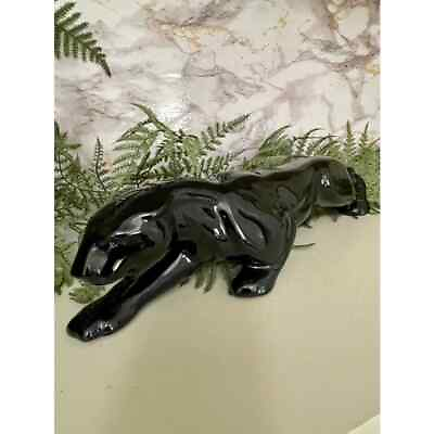 #ad Black Glazed Panther Mid Century Modern Stalking Panther Figurine 15quot; Ceramic $42.87
