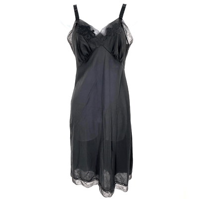 #ad Vintage Sexy 60s Kayser Black Nylon Slip Dress Lace Sheer 32” Small applique USA $25.00