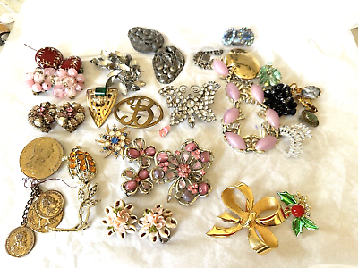 #ad Vintage Jewelry Lot Damaged Craft Coro Dress Clip Earrings Rhinestones Repair $48.75