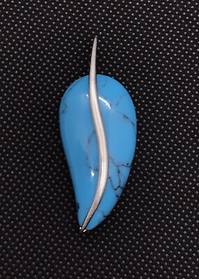 #ad Vintage Faux Turquoise Stone Leaf Pendant Sterling Silver Frame Bail $14.50
