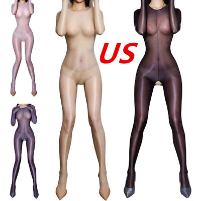 #ad US Women Full Bodystockings Silky Glossy Pantyhose Sheer Hooded Jumpsuit Catsuit $13.58