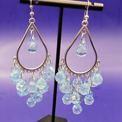 #ad Large Silver Tone Dangle Chandelier Earrings Blue Faceted Beads J $7.99
