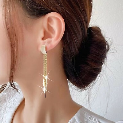 #ad 18k yellow gold stud dangle tassel bling fancy long stripe wire agate earrings AU $25.99