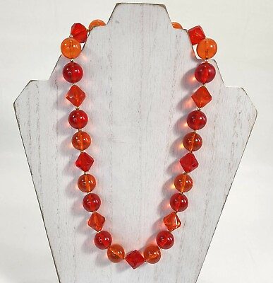 Beaded Necklace Lucite Vintage Bright Orange Large Acrylic 22” Hong Kong 1950s $38.00