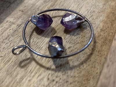 #ad Purple Amethyst Pendant 3 Natural Stones Handmade Silver Circle Bezeled Amethyst $12.50