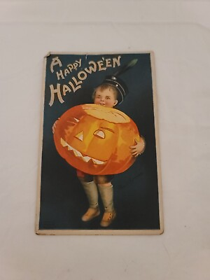 #ad Halloween Postcard Boy Holding Giant Carved JOL Pumpkin ArtistClapsaddle 10 1917 $89.99