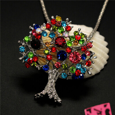 #ad New Silver Plated Colorful Crystal Trees Fashion Women Pendant Sweater Necklace $3.68