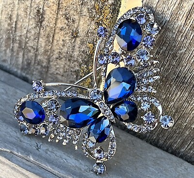 #ad Crystal Rhinestone Butterfly Brooch Pin Royal Blue Vintage Glass Insect Big Bug $10.98
